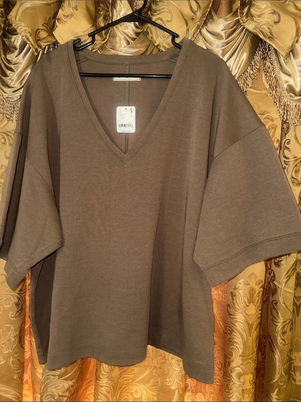 Free People Taupe V-Neck Boxy Sweatshirt Top